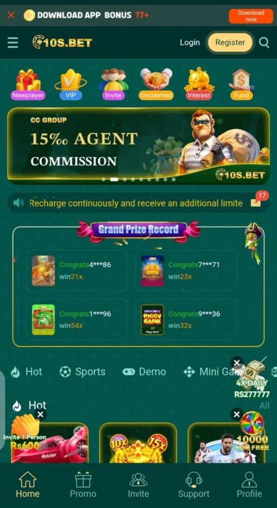 10s Bet Game APK home screen with hot games, sports and mini games
