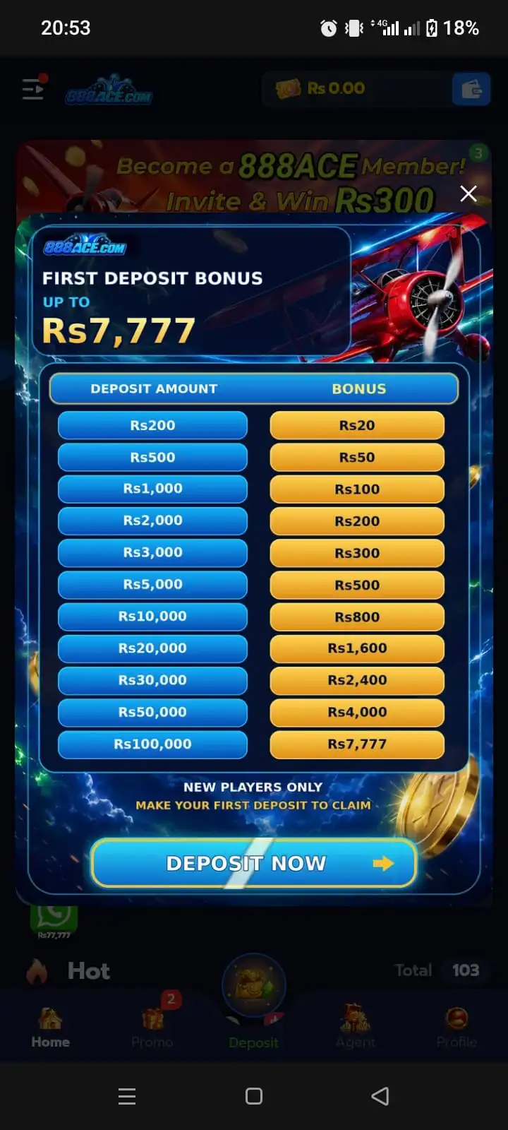 888 Ace Game APK first deposit bonus table showing amounts up to Rs7,777