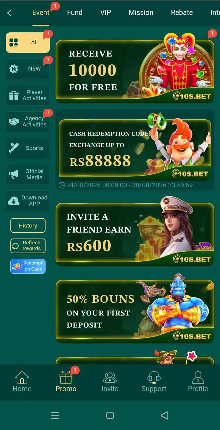 10s Bet Game APK promo and event screen showing bonus offers