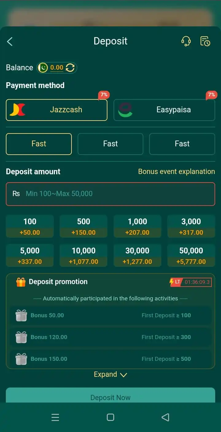10s Bet Game APK deposit screen with JazzCash and EasyPaisa options