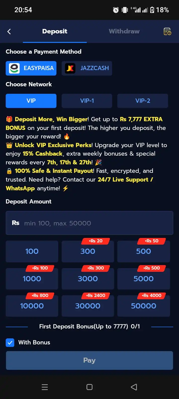 888 Ace Game APK deposit screen with EasyPaisa and JazzCash payment methods