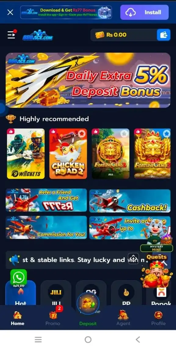 888 Ace Game APK lobby with deposit bonus banner and recommended games