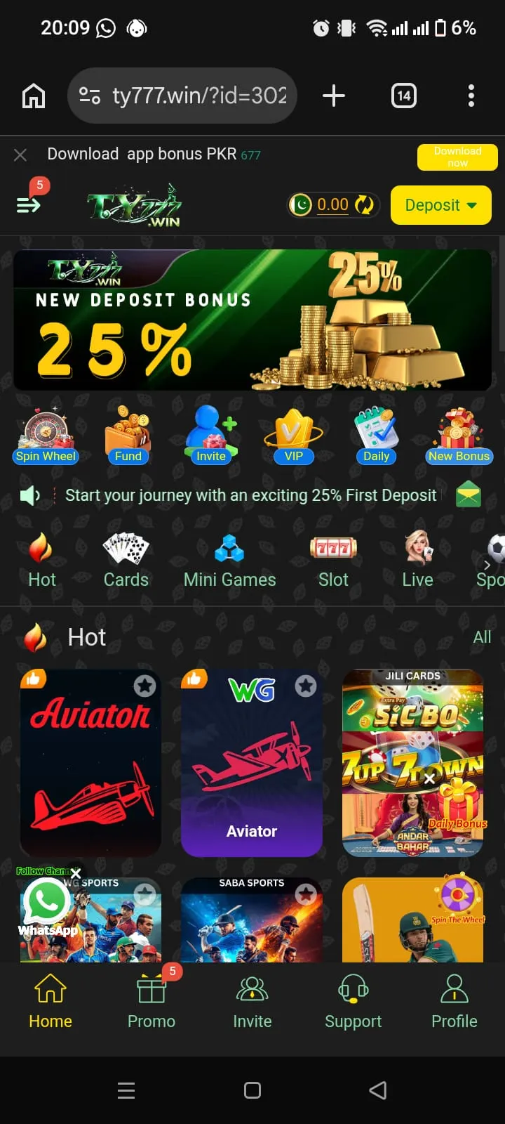 TY777 Game APK home screen showing the main gaming sections