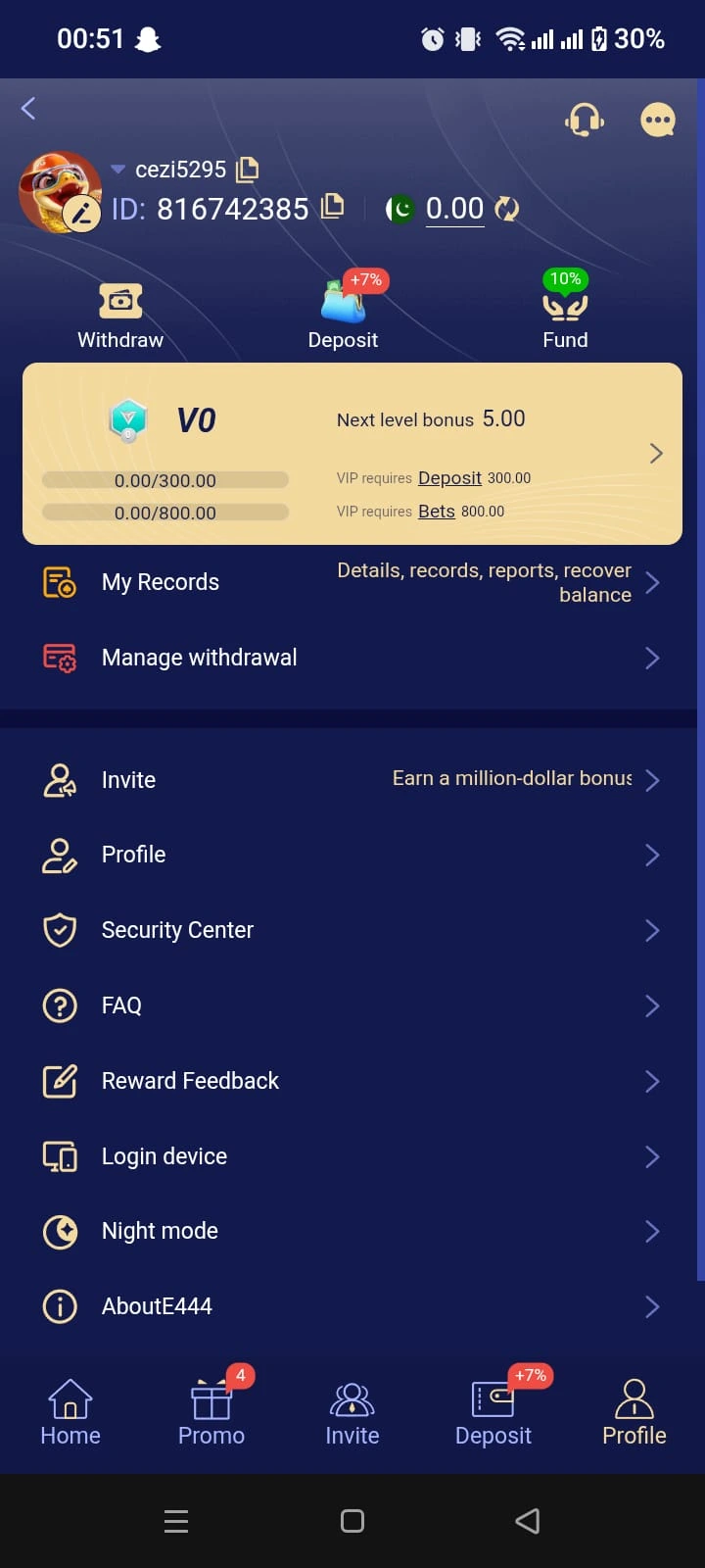 E444 account screen showing withdraw, deposit and fund buttons, V0 VIP level progress and My Records