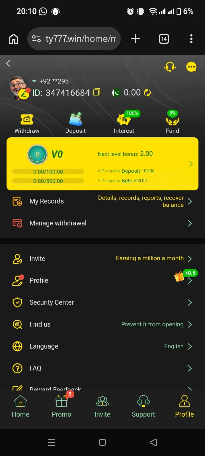 TY777 Game APK profile and account screen
