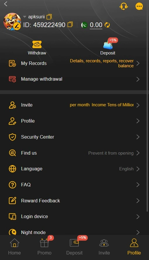 188PKR Game APK profile and account screen
