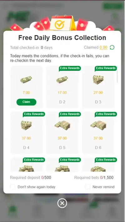 QZR888 Game APK free daily bonus collection screen showing check-in rewards