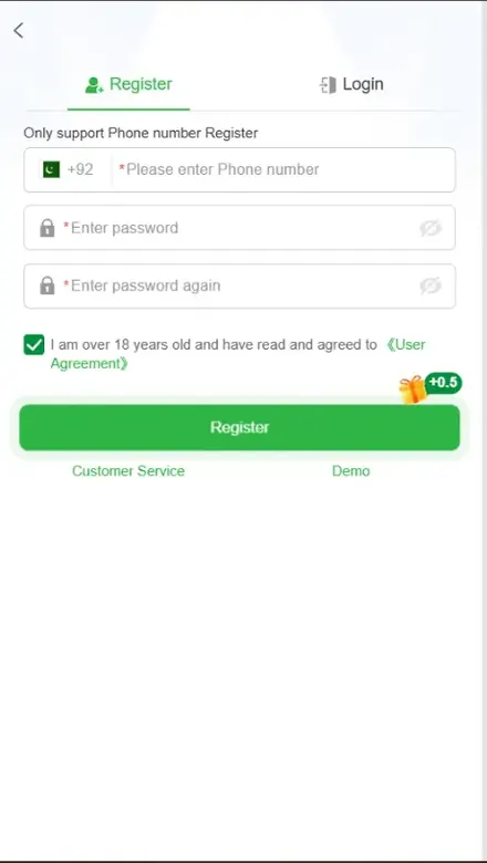 QZR888 Game APK registration screen with phone number and password fields