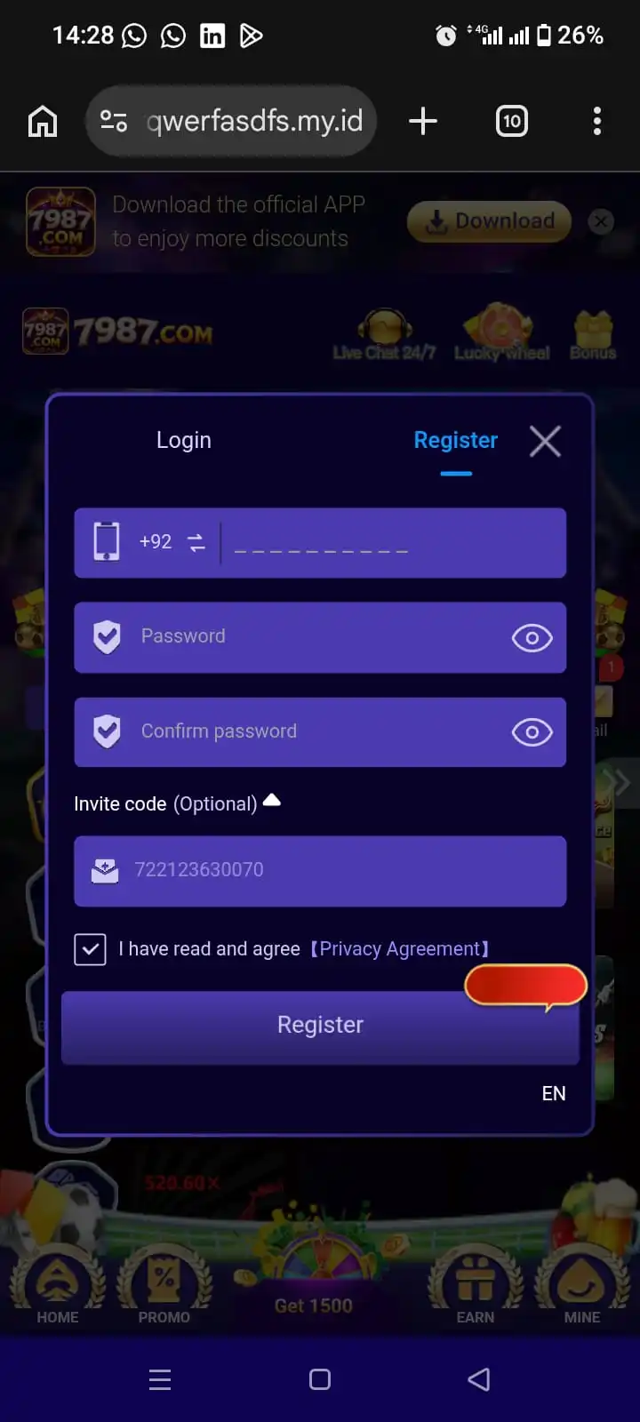 7987 Game APK registration screen for Android users