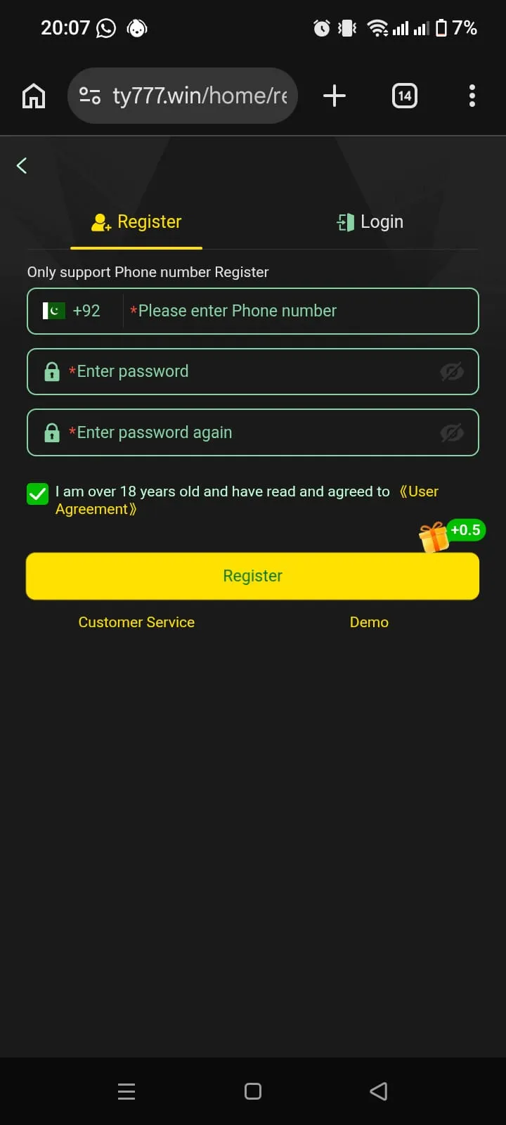 TY777 Game APK registration screen