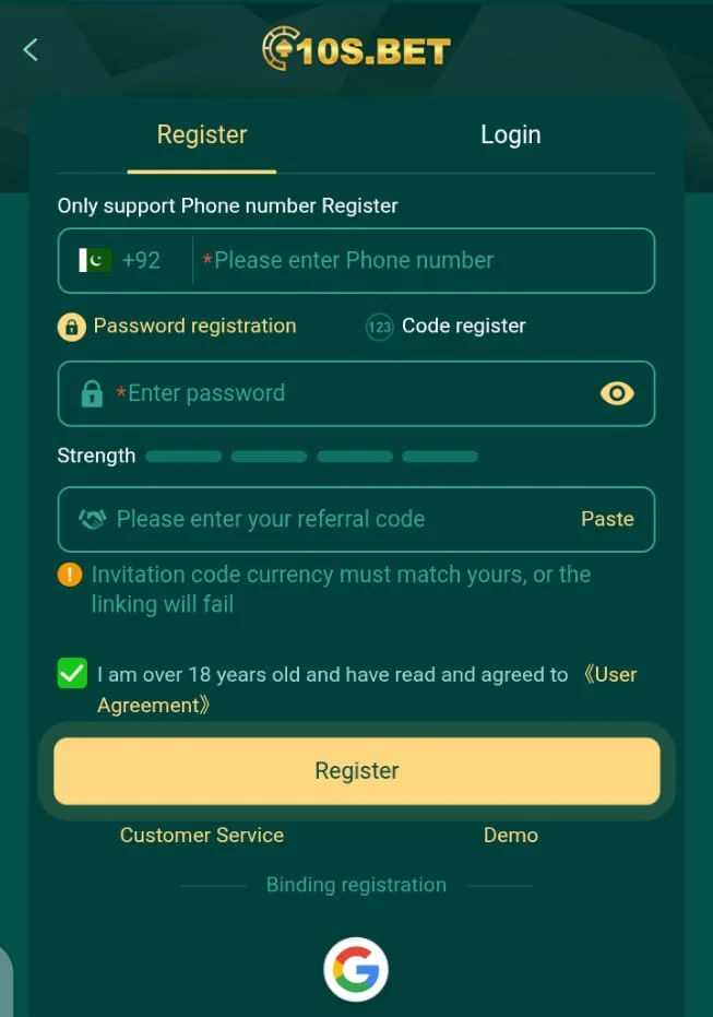 10s Bet Game APK registration screen with phone number and referral code fields