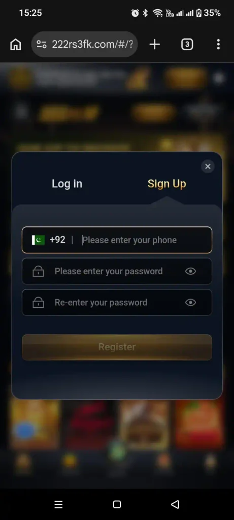 222RS Game APK login screen for account access.