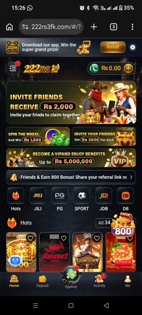 222RS Game APK home page showing the main game interface.