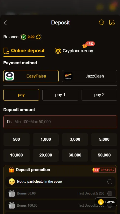 8555BET9 APK deposit screen showing available payment options