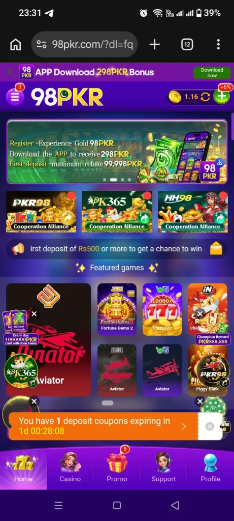 98PKR Game APK home screen