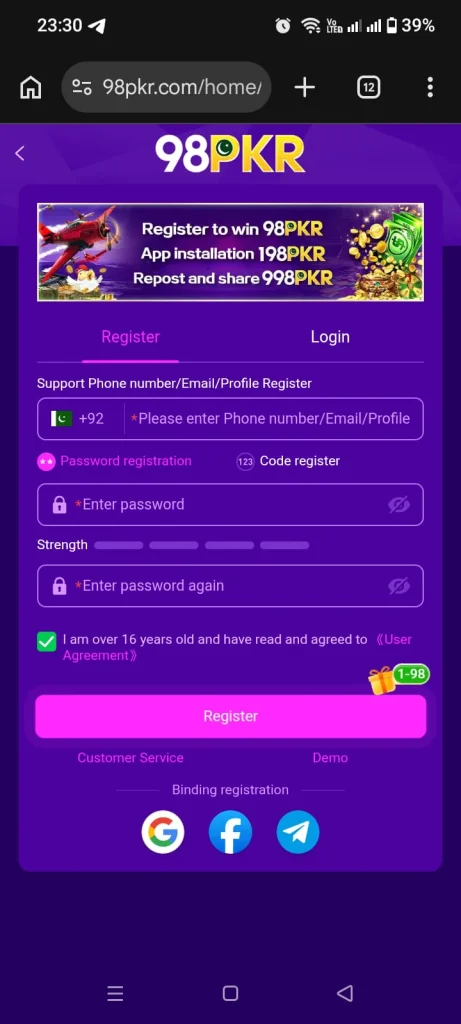 98PKR Game APK registration screen