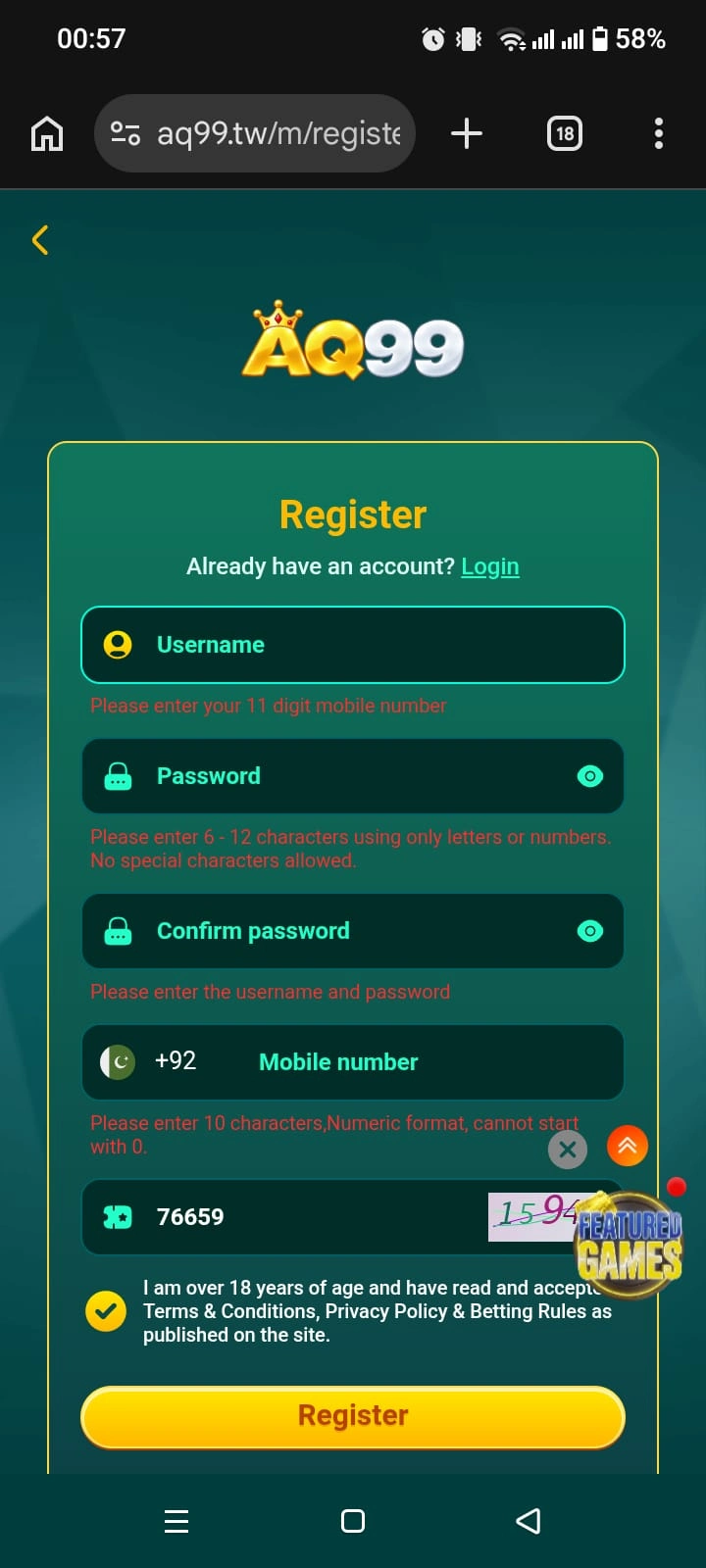 AQ99 Game APK register page with username, password and mobile number fields