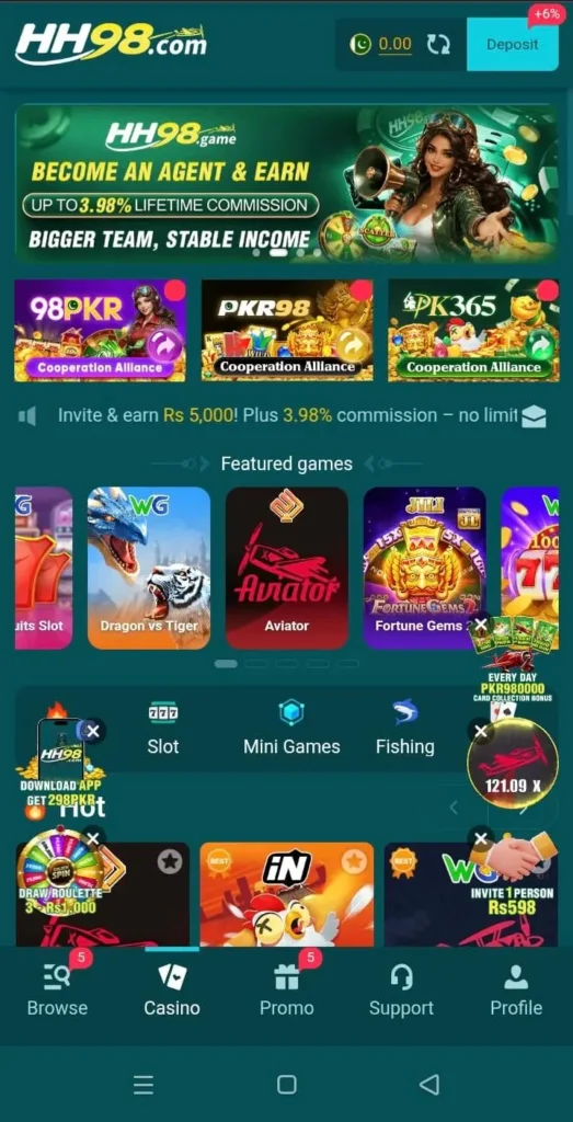 H98 Game APK home screen showing games and account options