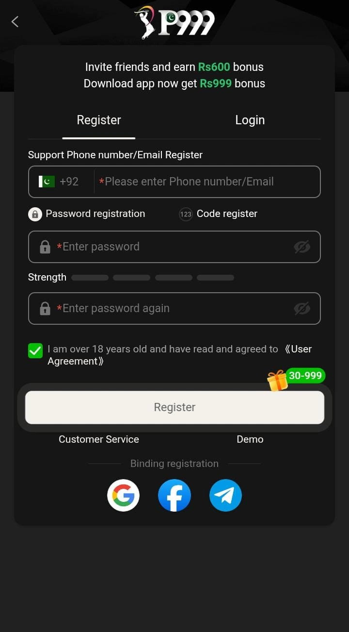 P999 Game APK register and login screen with phone number and password fields
