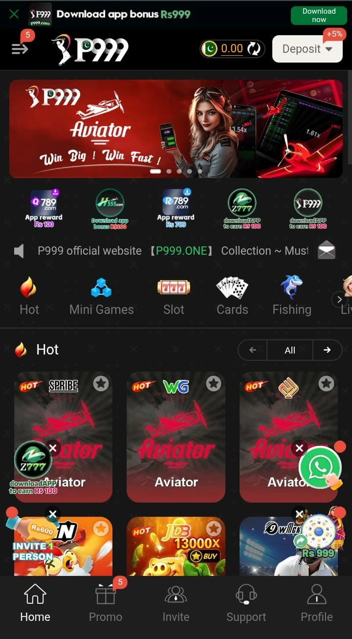 P999 Game APK home screen with Aviator banner, game icons and bottom menu