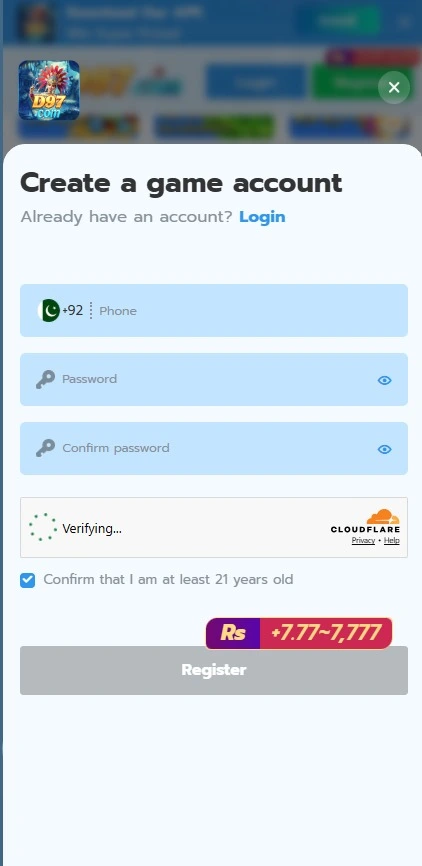 D97 Game APK login page for user account access
