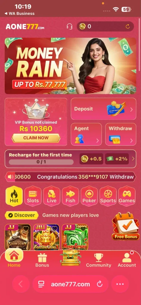 Aone777 Game home page showing games and navigation menu