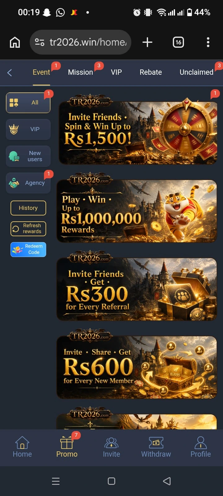 TR2026 Game APK promo screen showing Event, Mission, VIP and Rebate bonus tabs