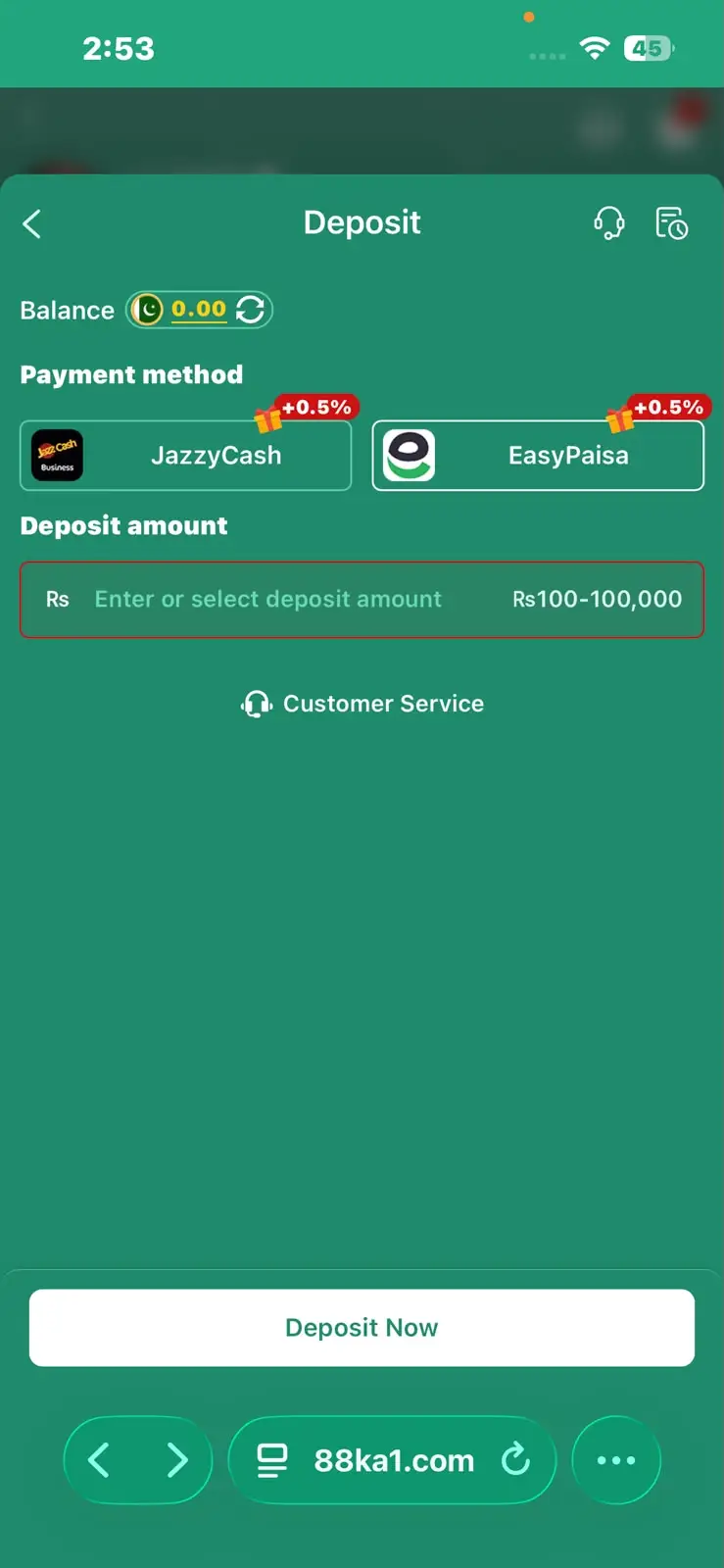 88KA Game APK deposit screen showing available payment options