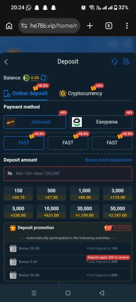 HE786 Game APK deposit screen showing the account payment section