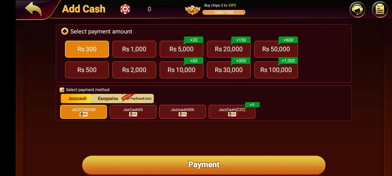 S9 Game APK deposit screen showing EasyPaisa and JazzCash options