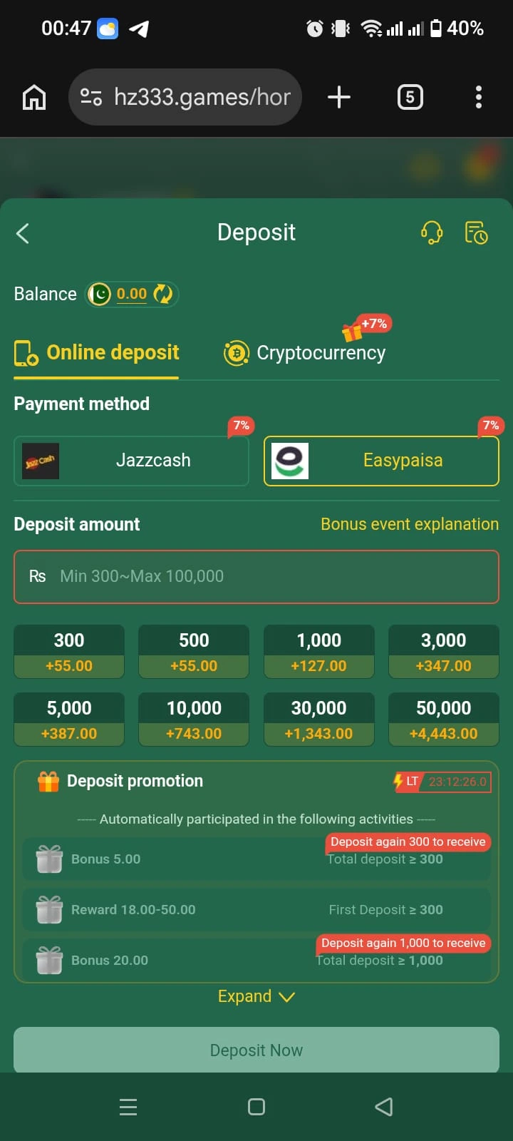 HZ333 Game APK deposit screen showing payment options and amount presets