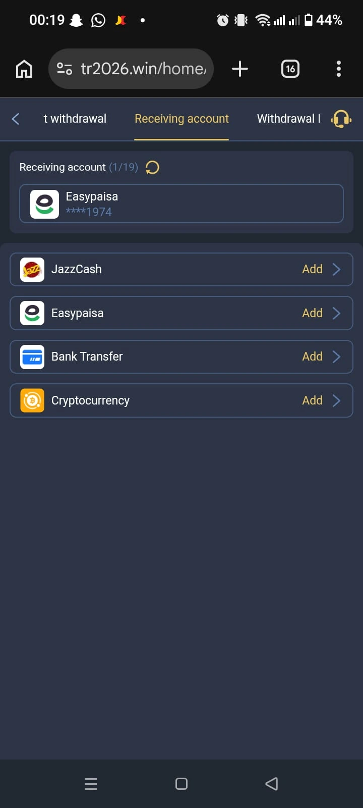 TR2026 Game APK receiving account screen with JazzCash, Easypaisa, bank transfer and cryptocurrency