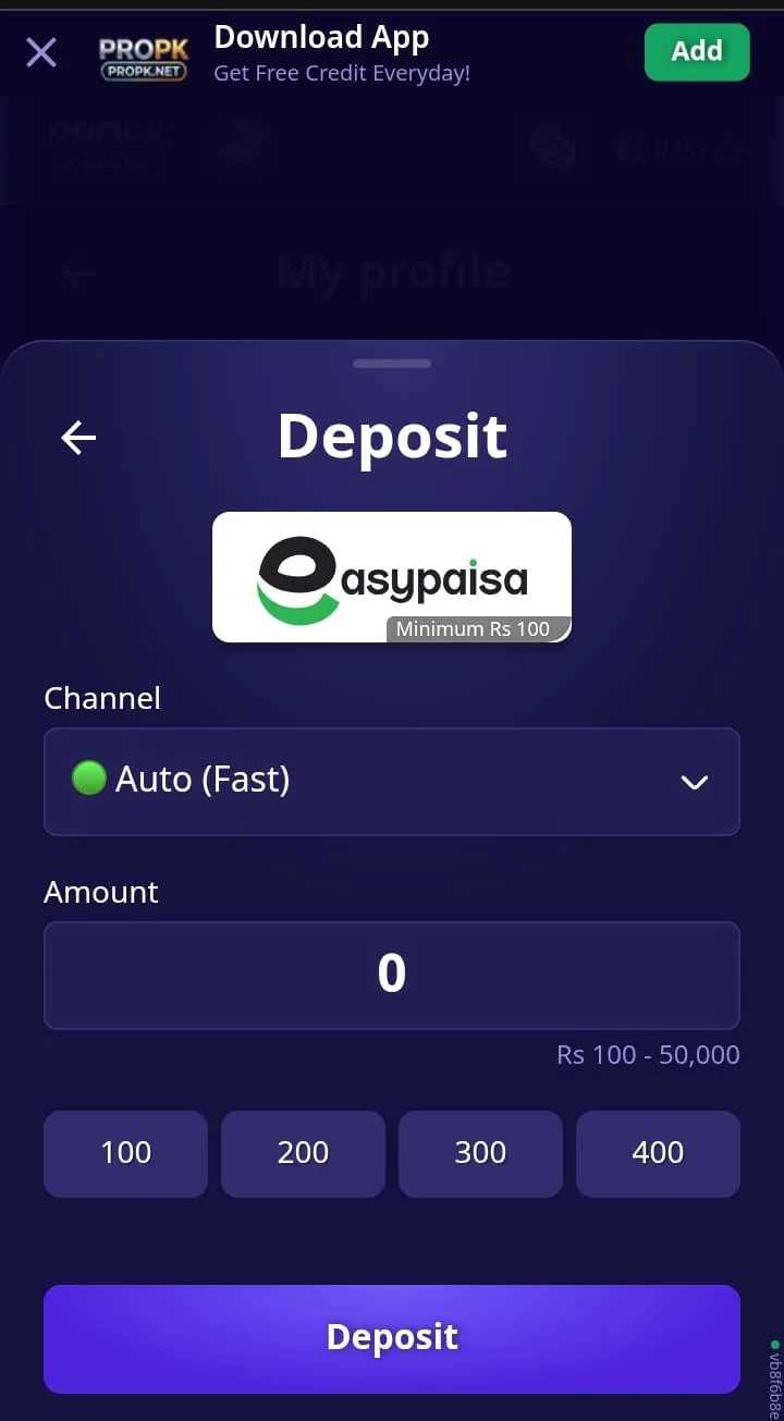 PROPK Game APK deposit screen showing the available payment option