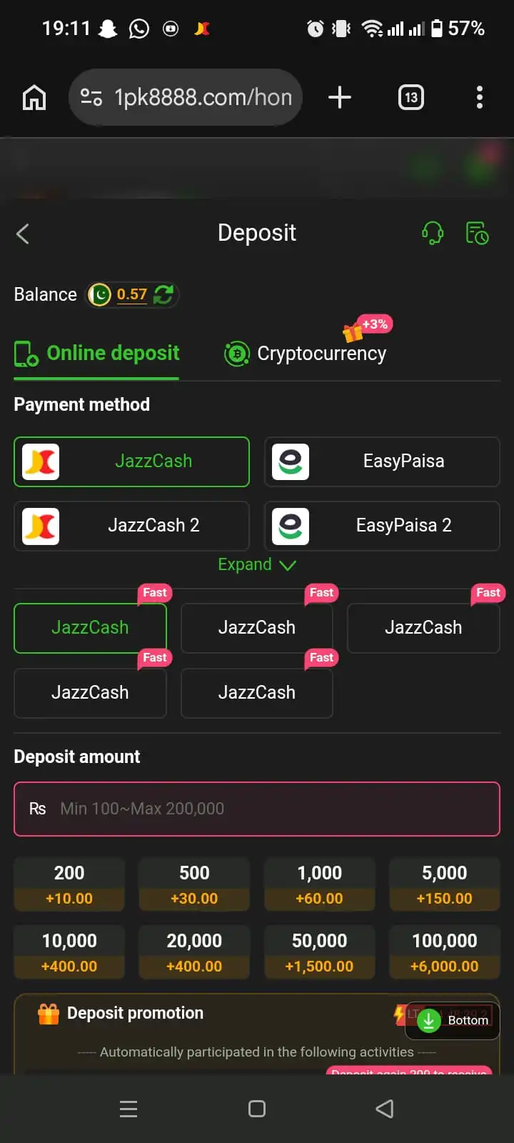 PK8888 Game APK deposit screen showing JazzCash, EasyPaisa and deposit bonus tiers