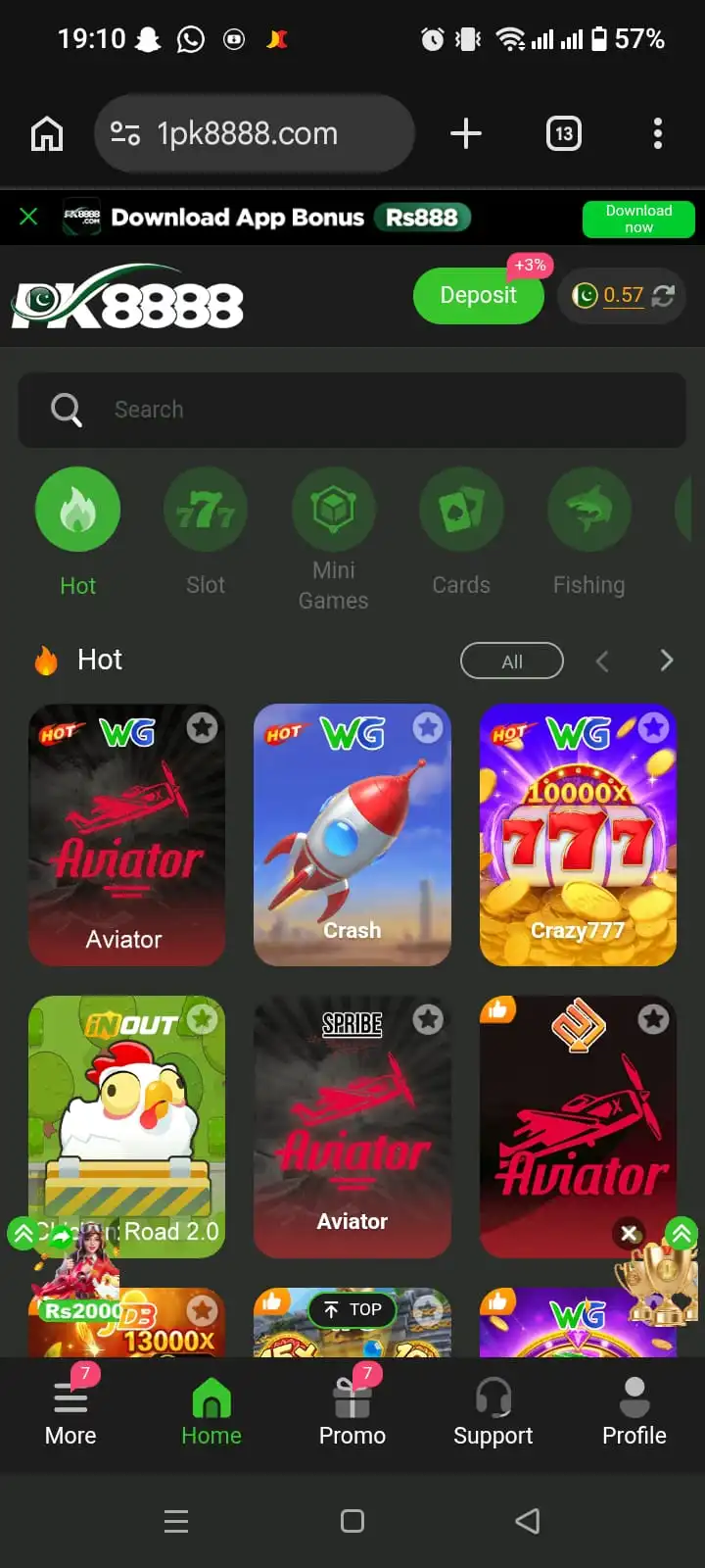 PK8888 Game APK home lobby showing Hot, Slot, Mini Games, Cards and Fishing tabs