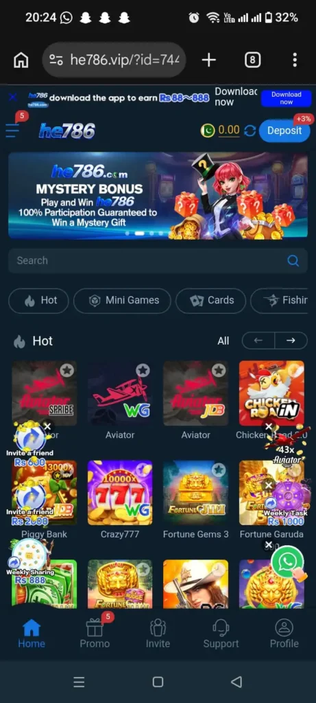 HE786 Game APK home page showing games and main app features