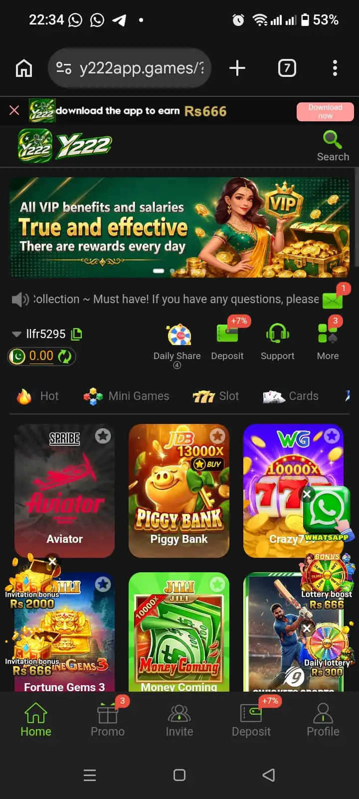 Y222 Game APK lobby on a phone, with Hot, Mini Games, Slot and Cards tabs above Aviator, Piggy Bank and Fortune Gems 3 thumbnails