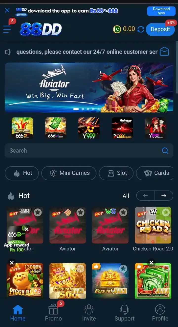88DD Game APK lobby on a phone, with Hot, Mini Games, Slot and Cards tabs above Aviator, Chicken Road 2.0 and Piggy Bank thumbnails