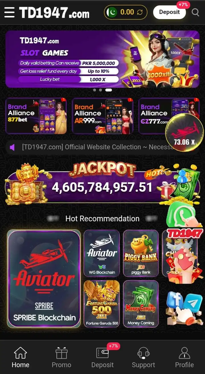 TD1947 Game APK lobby showing a jackpot counter above Aviator, Piggy Bank, Fortune Garuda 500 and Money Coming thumbnails
