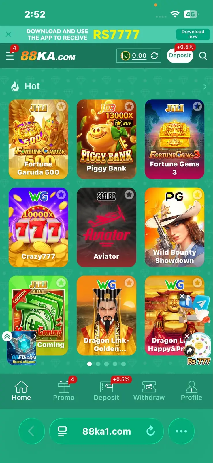 88KA Game APK home screen showing the main game lobby and available game sections