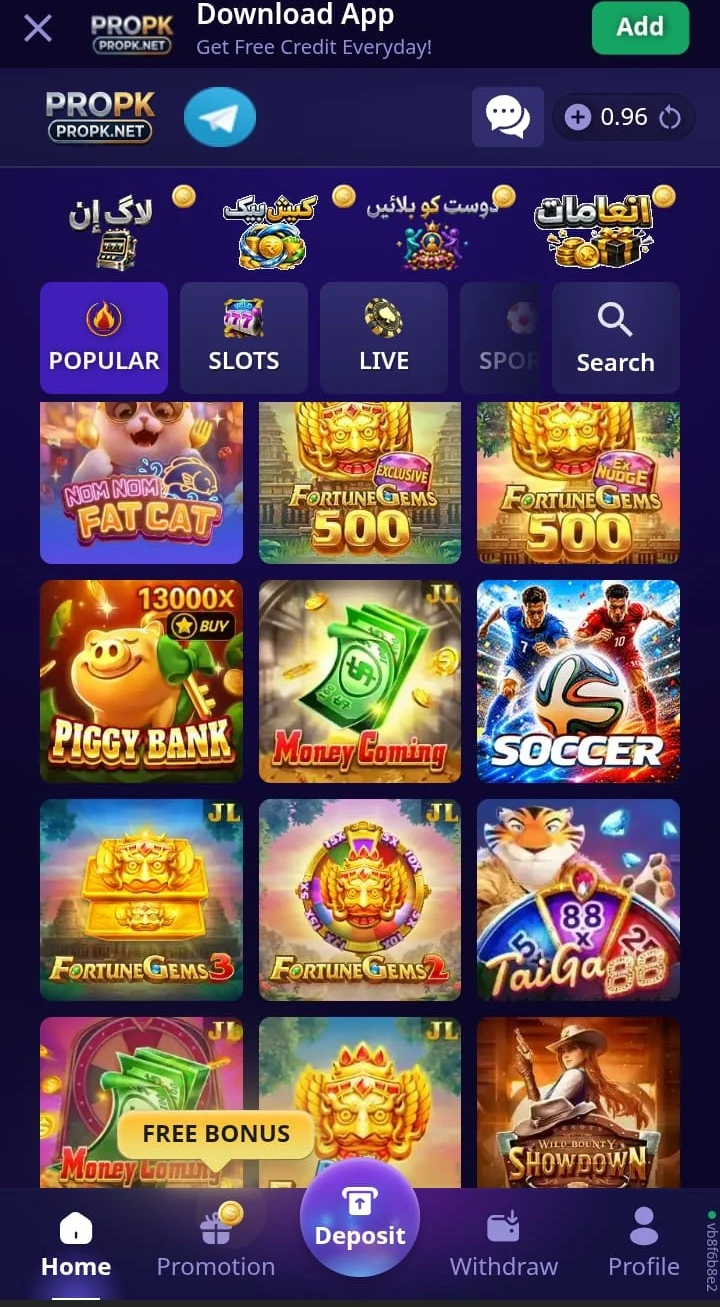 PROPK Game APK home screen showing Popular Slots Live and Sports categories