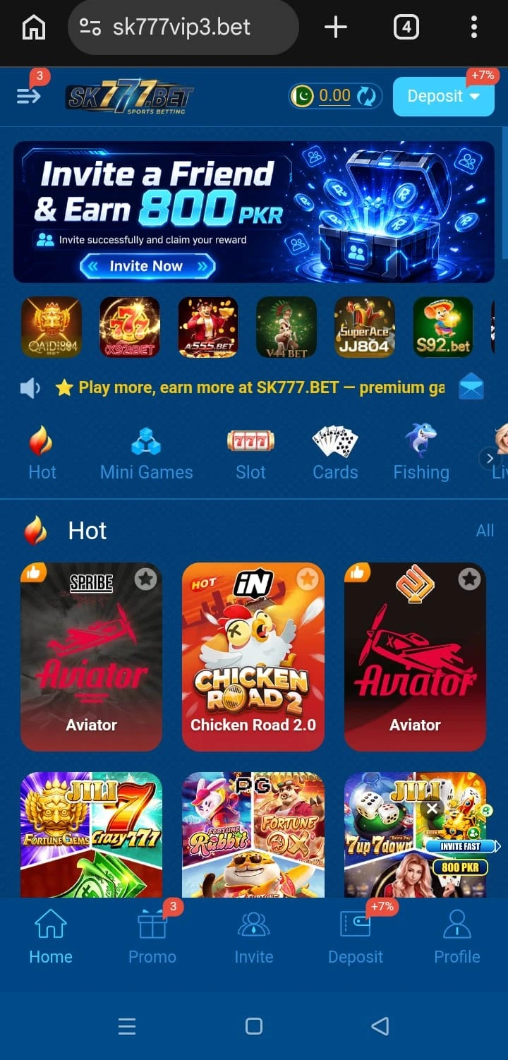 SK777VIP3 APK home screen showing Hot, Mini Games, Slot, Cards, Fishing and Live tabs with an invite banner