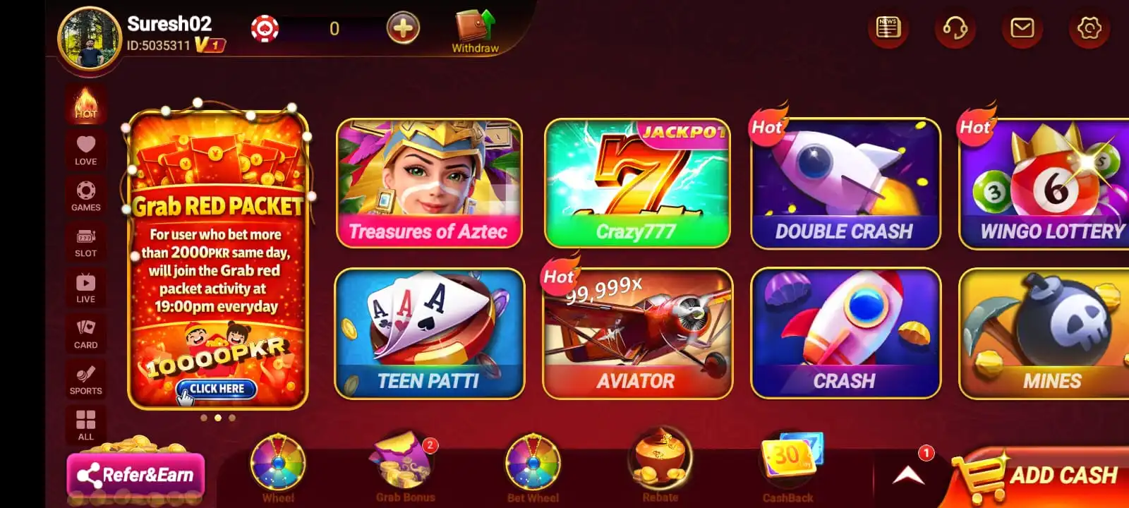 S9 Game APK home lobby showing slots, card and sports categories