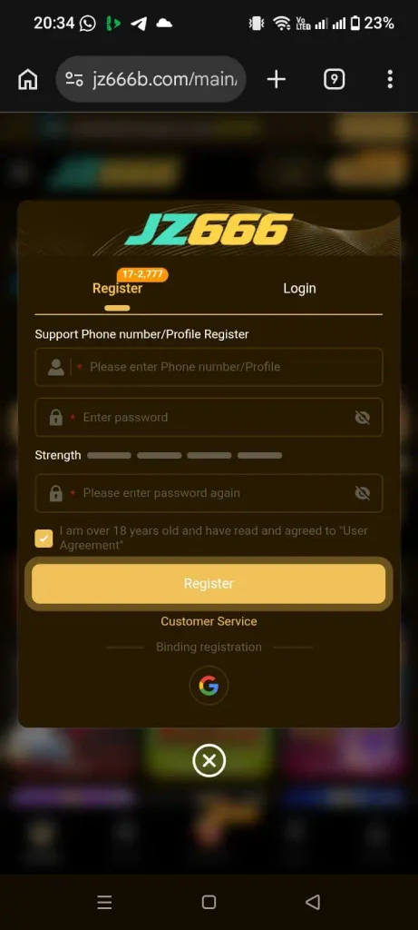 JZ666 Game APK registration page for creating an account