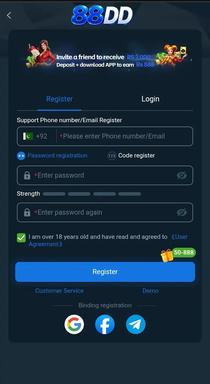 88DD registration screen asking for a +92 phone number or email and a password, with an over-18 agreement checkbox