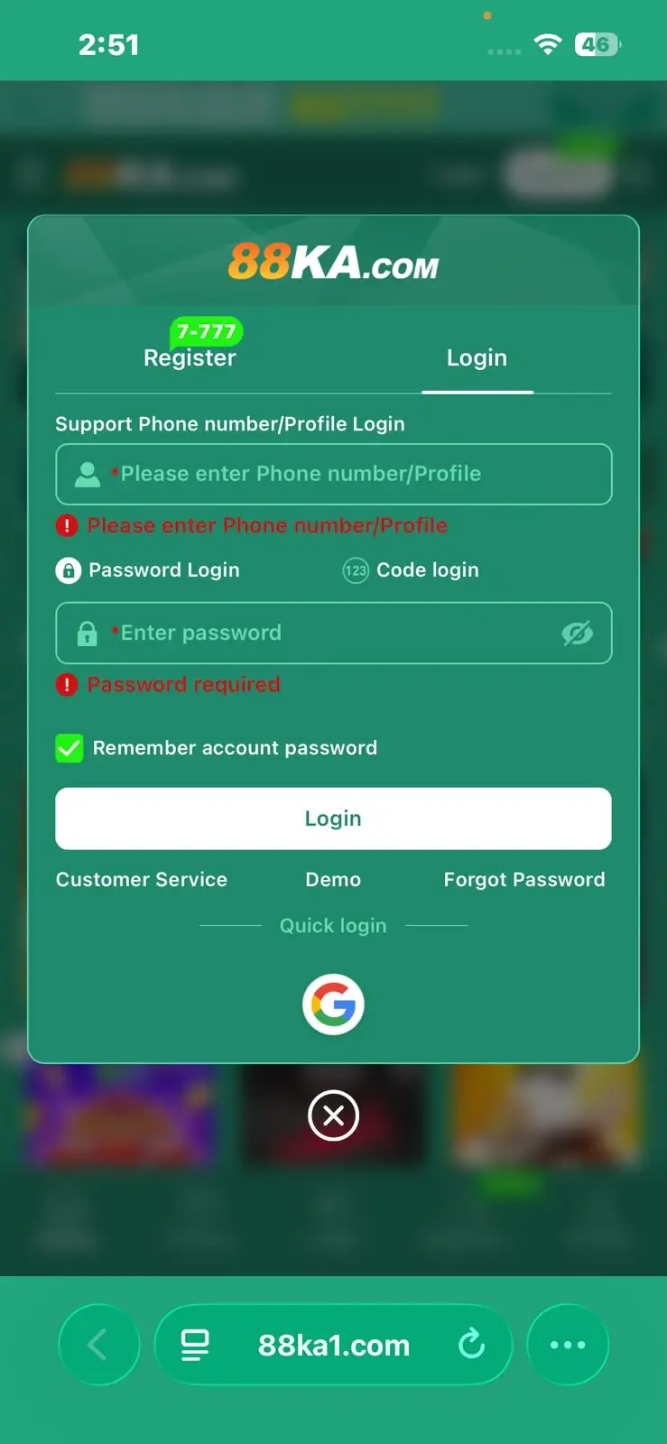 88KA Game APK login screen with account access options