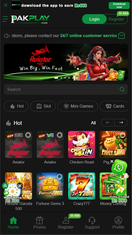 PakPlay Game APK home screen showing the Aviator banner, search bar and hot game list