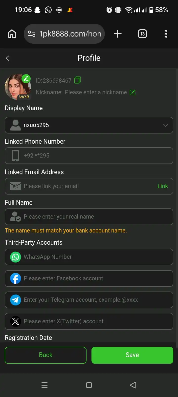 PK8888 Game APK profile screen showing linked phone number and full name fields