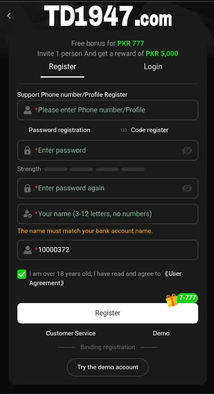 TD1947 sign-up screen requesting a phone number, password and a name that must match the bank account, with an over-18 checkbox