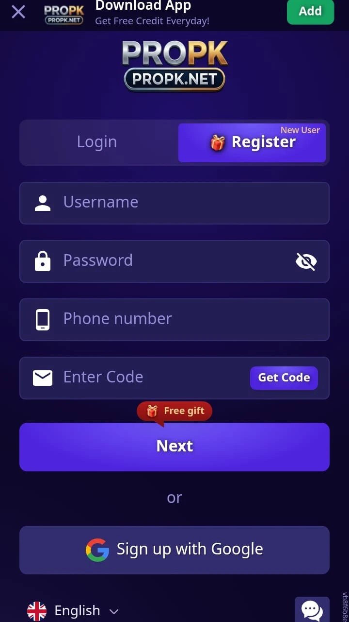 PROPK Game APK registration screen with account details and verification fields